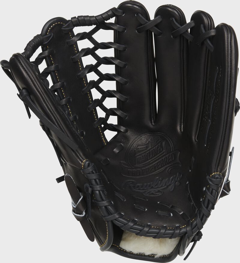 Palm of a black Rawlings Kole Calhoun Gameday 57 glove with black laces - SKU: PROS442-KC56