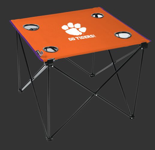 An orange NCAA Clemson Tigers deluxe tailgate table with four cup holders and a team logo printed in the middle SKU #00713010111