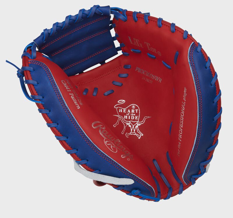 Scarlet palm of a Rawlings HOH catcher's mitt with a royal web, silver stamping and royal laces - SKU: PROCM41SWR