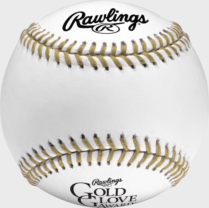 A RGGBB Rawlings Gold Glove baseball with black logos and gold stitching