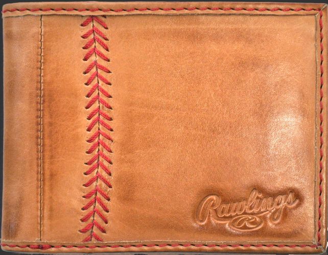 A tan MW485-204 Baseball Stitch bi-fold wallet folded close with red stitching on the left and an embossed Rawlings logo