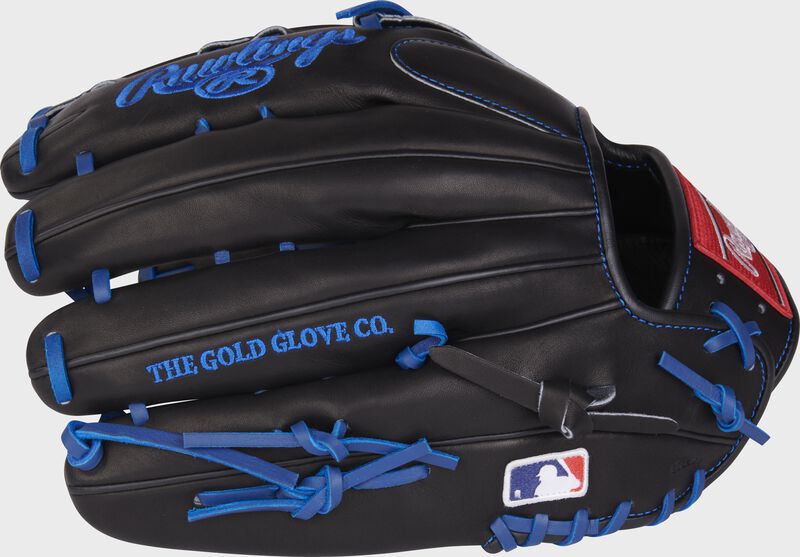Black back of a Rawlings Heart of the Hide Jason Heyward Gameday 57 glove with the MLB logo on the pinky - SKU: RSGRPRO3030-6JH