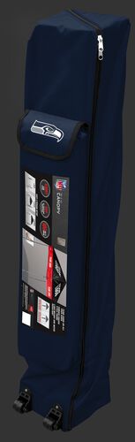 Navy wheeled carry case of a Seattle Seahawks canopy with the team logo on the outside compartment - SKU: 02231085111