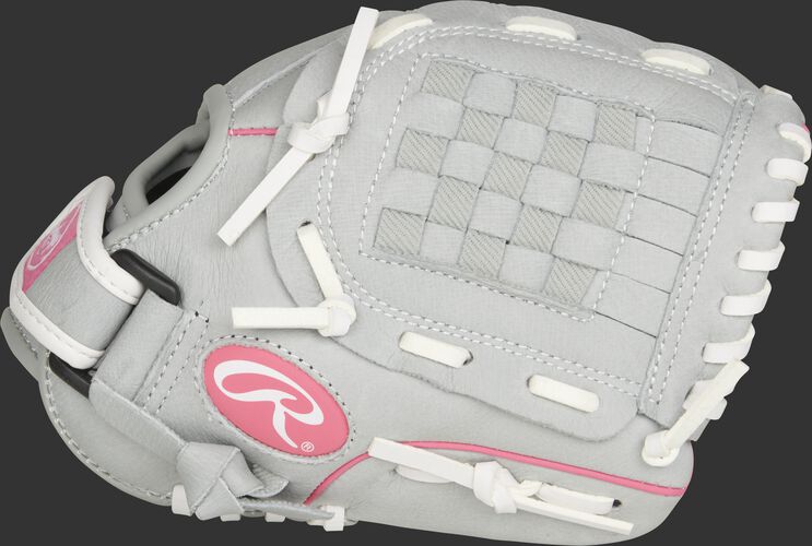Thumb of a grey SCSB100P Sure Catch Softball 10-inch youth infield/pitcher's glove with a grey Basket web