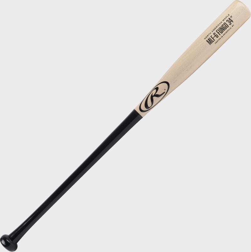 Angled view of a 34" Rawlings Maple fungo bat with a black handle and natural barrel - SKU: MLF5-B-NA-34 loading=