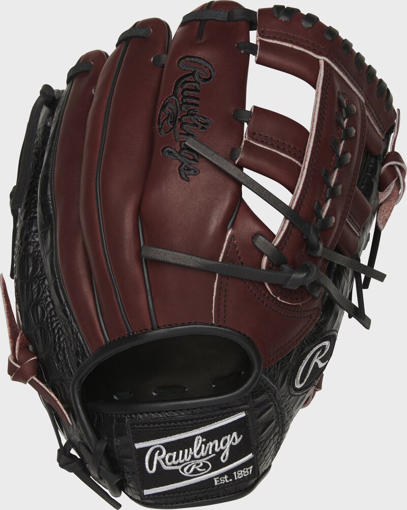 A Heart of the Hide exclusive infield glove with a dark sherry back and black croc-embossed leather trim - SKU: PROTT2-19SHC