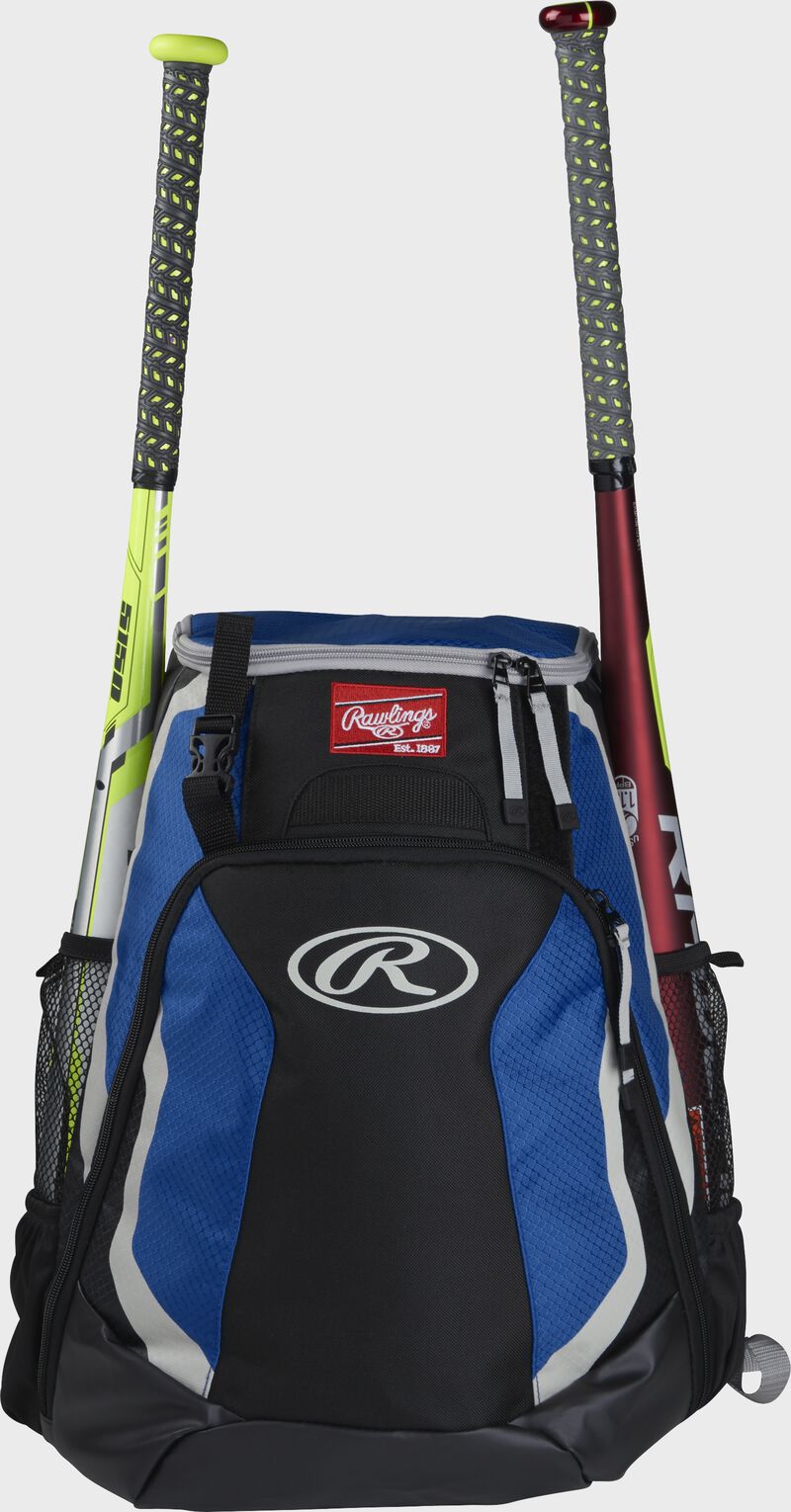 A black/royal R500 Rawlings equipment backpack with a bat on each side