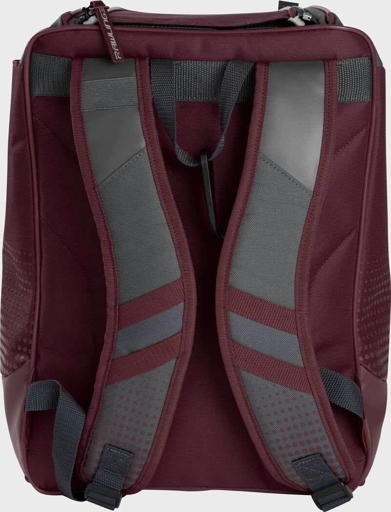 Back of a maroon Rawlings Franchise backpack with gray shoulder straps - SKU: FRANBP-MA