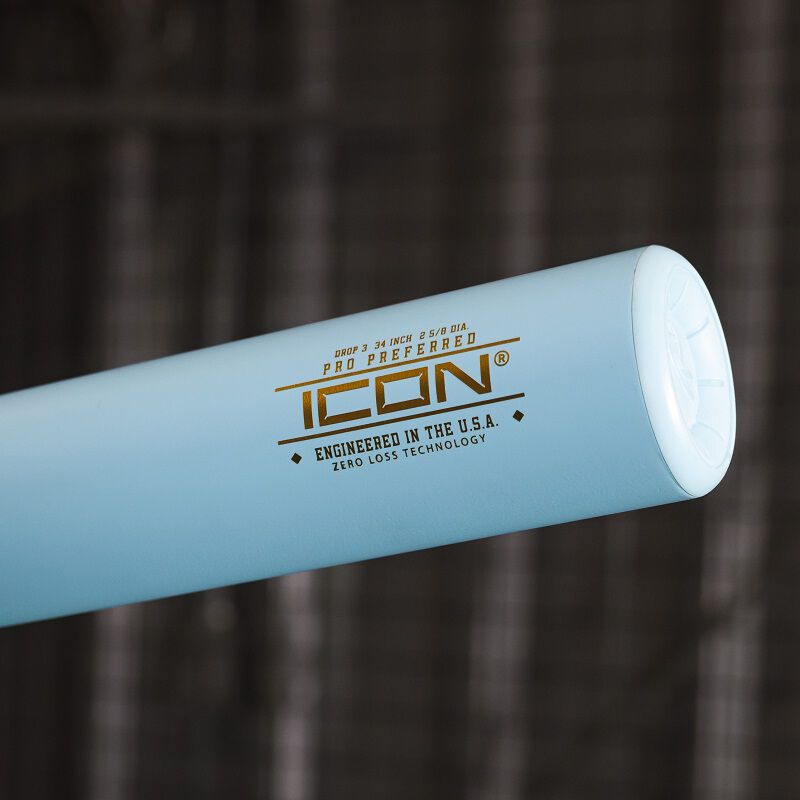 Close up of the gold logo on the barrel of a Rawlings Icon Pro Preferred BBCOR baseball bat
