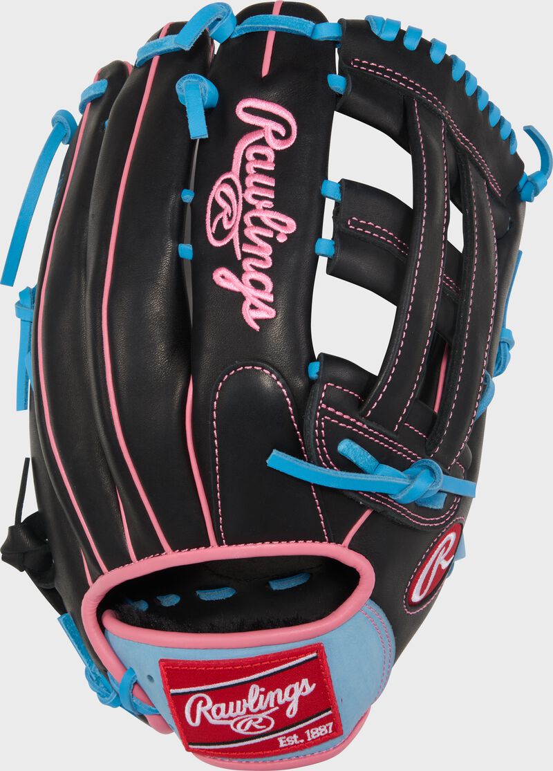 Black back of a R9 Series 12.75-Inch Outfield Glove with a red Rawlings patch