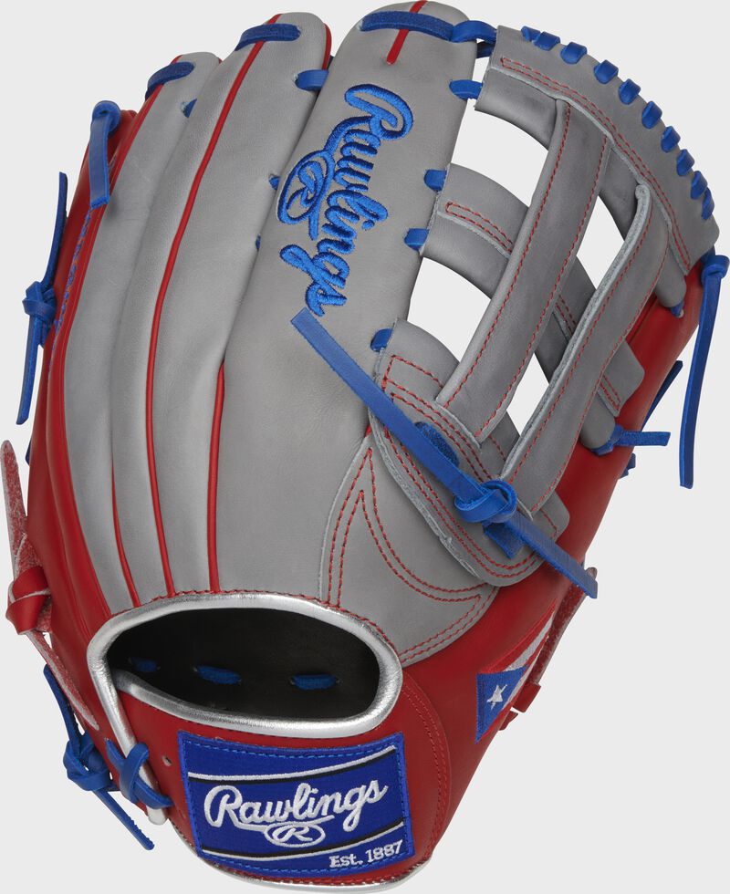 PRO3039-6PR Heart of the Hide 12.75-Inch Puerto Rico outfield glove with a grey back and royal Rawlings patch