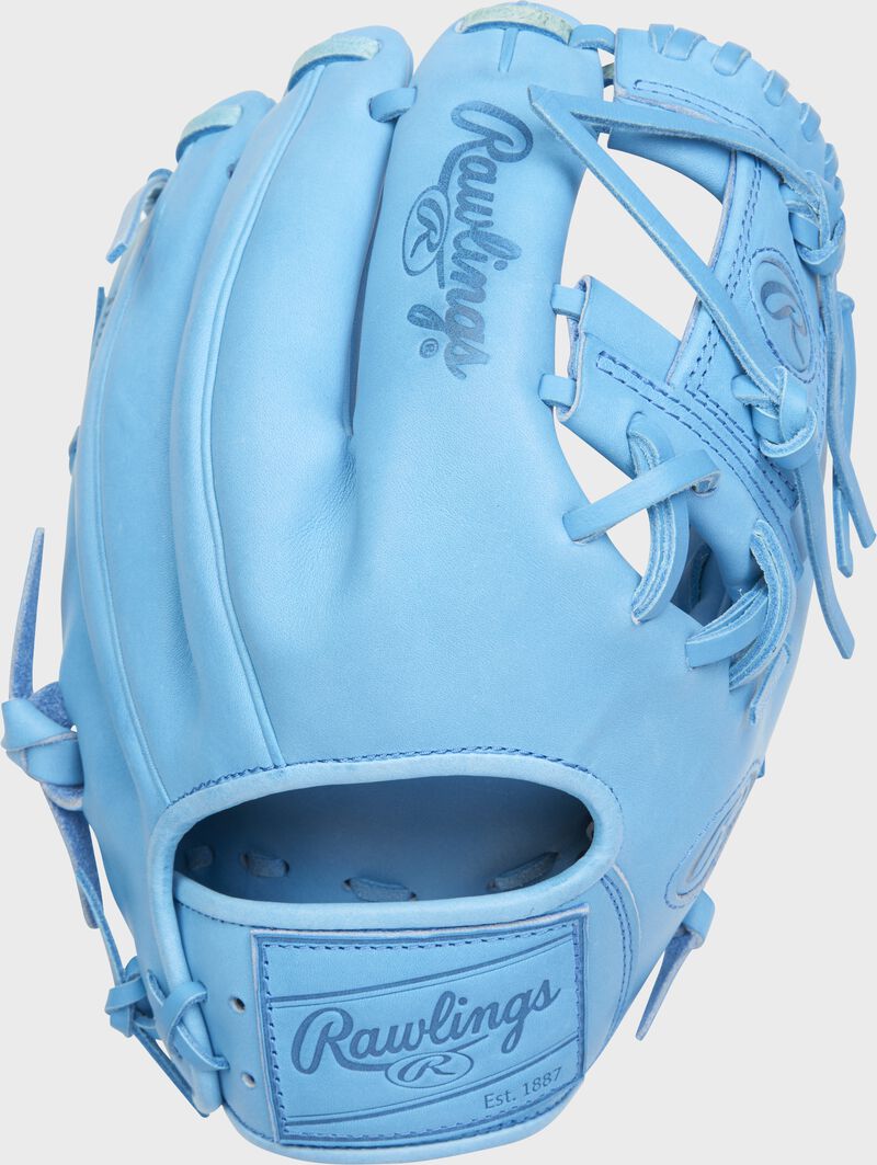 Back of a Columbia blue Heart of the Hide 11.5" I-web glove with a Columbia blue leather Rawlings patch - SKU: PRO204-2CB