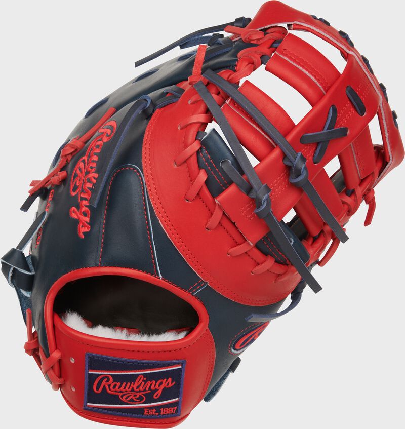 Back of a navy/scarlet Vladimir Guerrero Jr. Pro Preferred 13-Inch 1st Base Mitt with a navy Rawlings patch