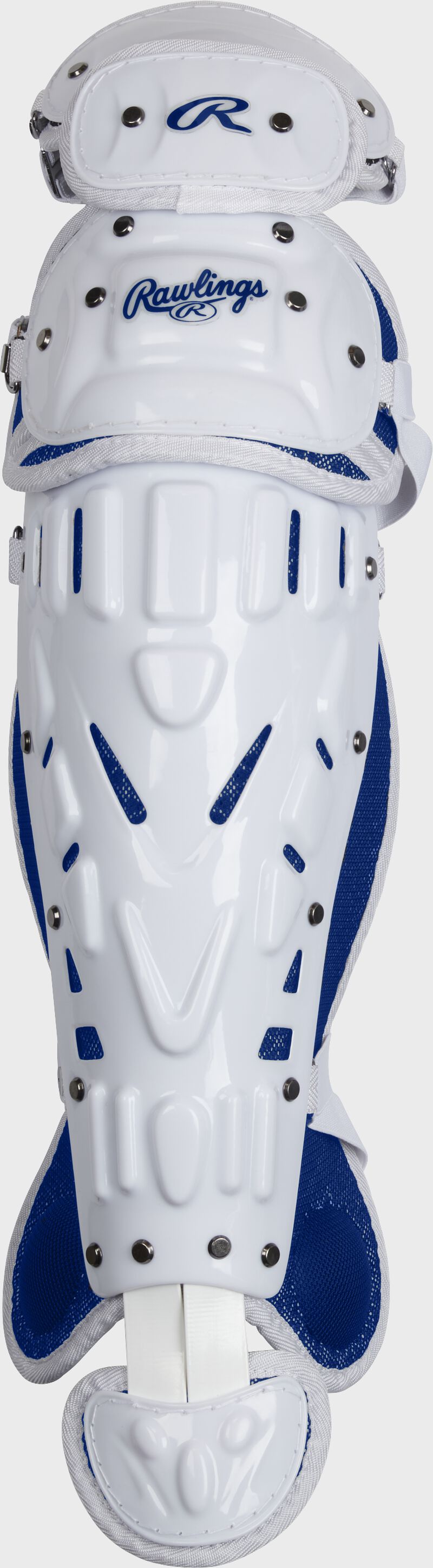 Front of a white/royal Velo softball leg guard