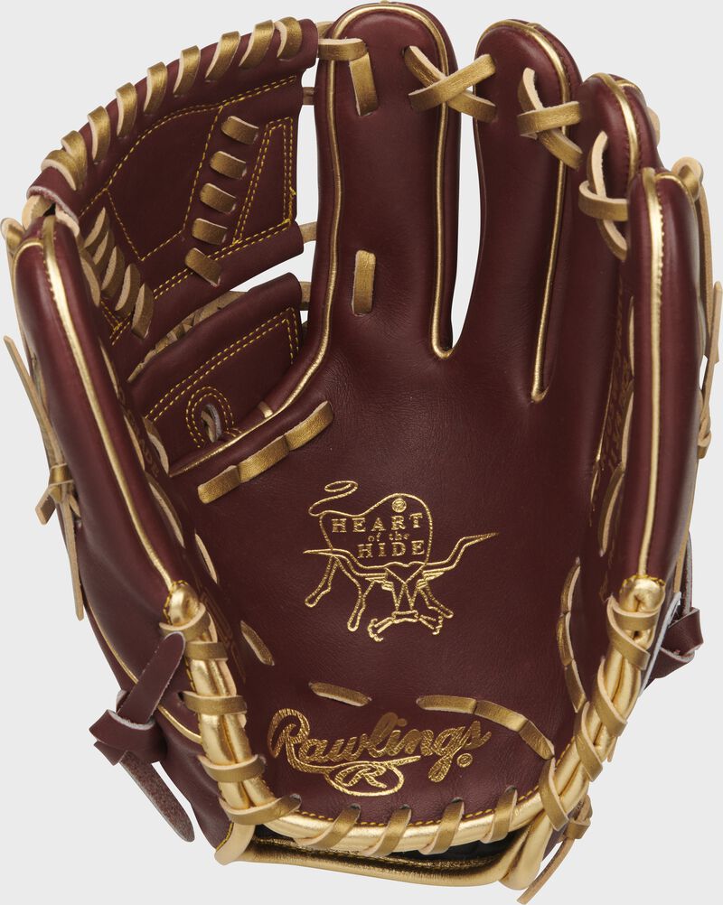 Dark sherry palm of a HOH R2G infield/pitcher's glove with metallic gold laces and gold stamping - SKU: PROR205W-30SHG