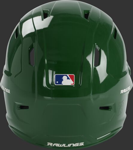 Back of a gloss dark green MCC01 Mach batting helmet with the MLB logo sticker