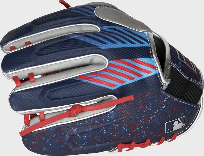 Pinky back view of blue, red, and gray 2022 REV1X 11.5-inch infield glove loading=