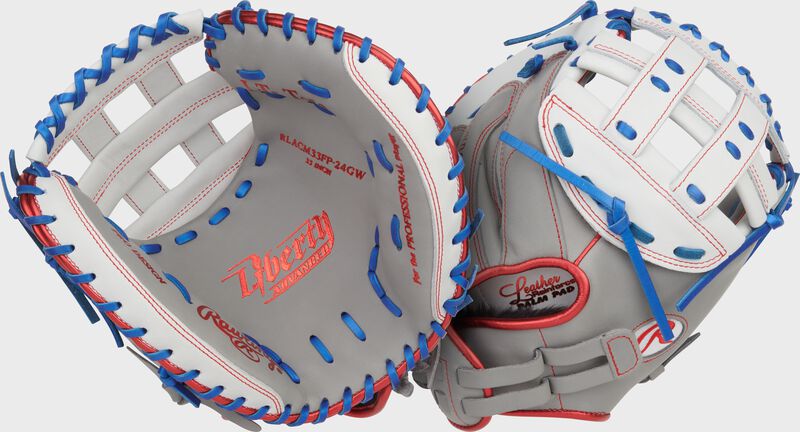 Two images showing the palm & back of a gray/white/royal Liberty Advanced 33-inch Fastpitch Softball Catcher's Mitt