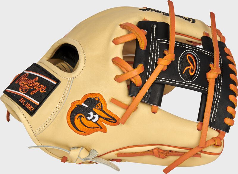 Thumb of a camel 2021 Baltimore Orioles Heart of the Hide glove with the Orioles logo on the thumb - SKU: RSGPRO204-2BAL