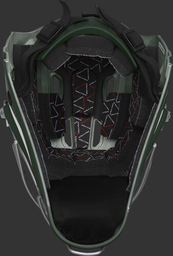 Inside foam of a dark green CHV27J Rawlings catcher's helmet