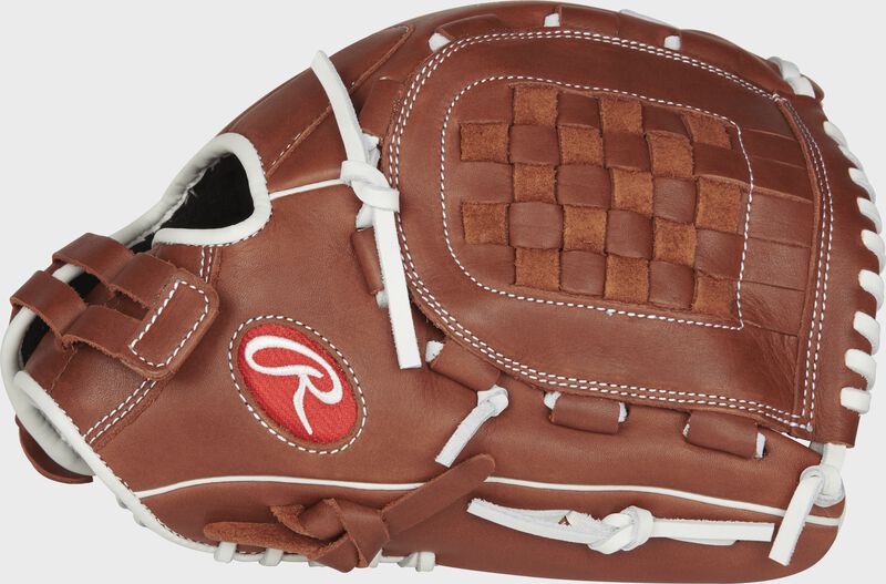 Thumb view of a brown R9SB120-3DB R9 Series 12-inch fastpitch pitcher/infield glove with a brown Basket web