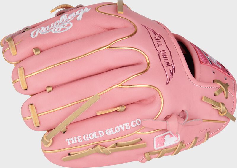 Back of a pink Heart of the Hide R2G 11.5" Wing Tip glove with the MLB logo on the pinky - SKU: RPROR204W-32P