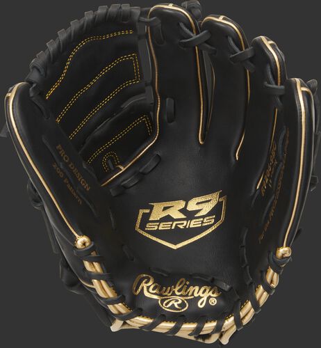Black palm of a Rawlings R9 series infield/pitcher's glove with a gold palm stamp and black laces - SKU: R9206-9BG