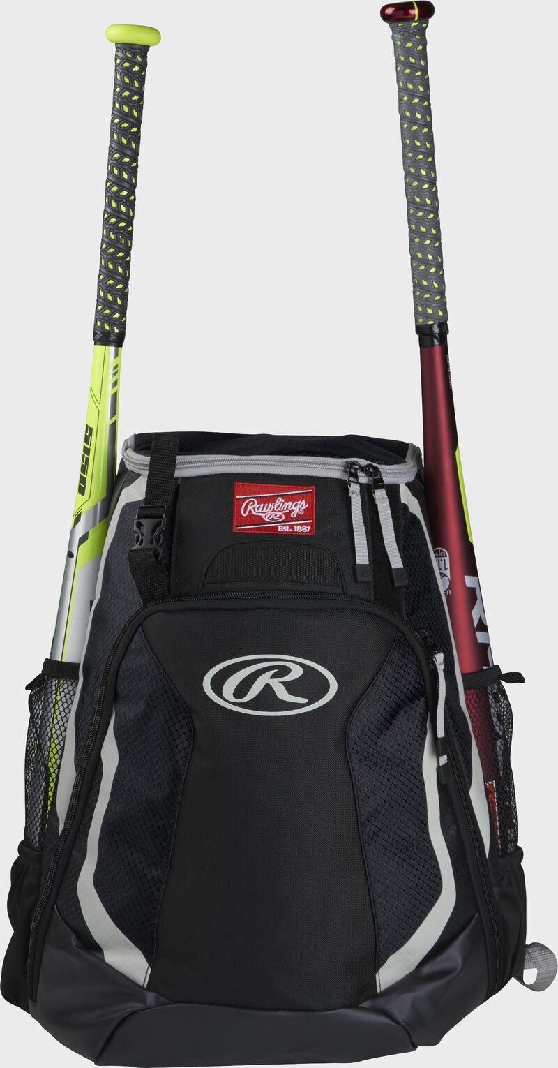 A black R500 Rawlings equipment backpack with a bat on each side