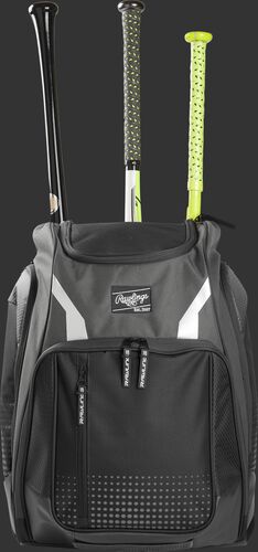 Front view of a gray Rawlings Legion baseball backpack with 3 bats in the back - SKU: LEGION-GR