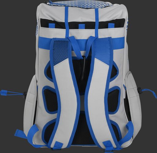 Back of a white/royal R800 Rawlings fastpitch backpack with black back padding and white shoulder straps