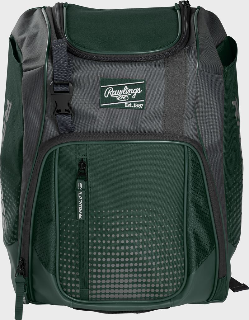 Front of a dark green Franchise baseball backpack with gray accents and a dark green Rawlings patch - SKU: FRANBP-DG