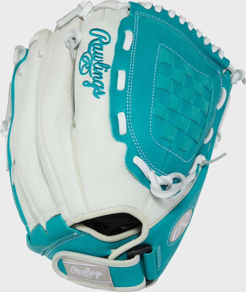 Back of a white/teal Shut Out 12-inch Fastpitch Softball Glove