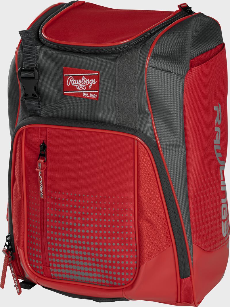 Front angle of a scarlet Franchise backpack with gray accents and scarlet Rawlings patch logo - SKU: FRANBP-S