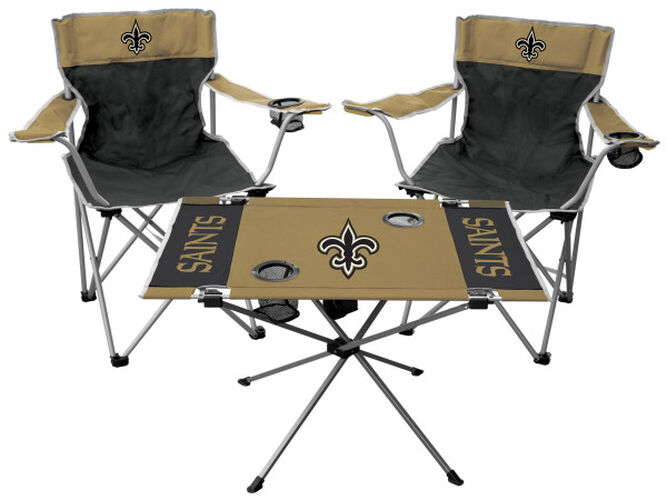 Front of Rawlings NFL New Orleans Saints 3-Piece Tailgate Kit With Two Kickoff Chairs, An Endzone Table, And A Transport Bag With Team Logo SKU #01041077511