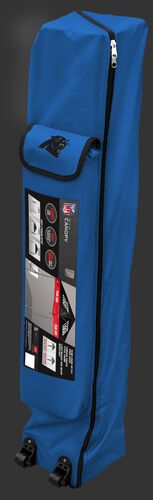 Blue wheeled carry case of a Carolina Panthers canopy with the team logo on the outside compartment - SKU: 02231090111