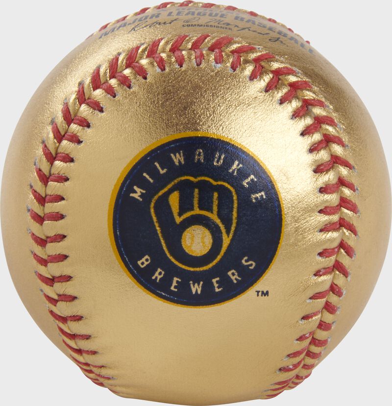 Brewers logo on a gold MLB baseball with red stitches - SKU: RSGEA-GOLDMIL-R loading=