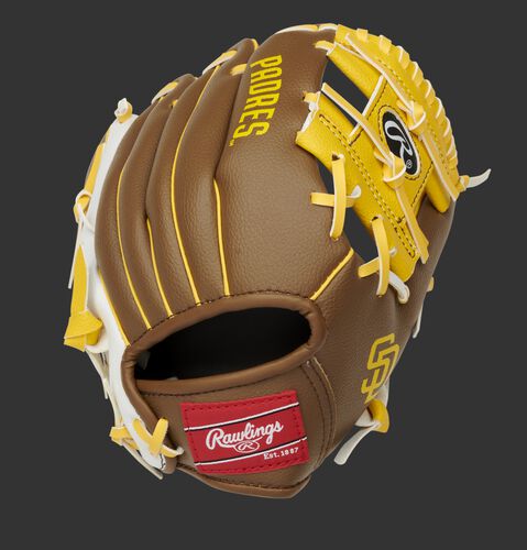 Back of a brown/white San Diego Padres 10-Inch I-web glove with a red Rawlings patch - SKU: 22000019111