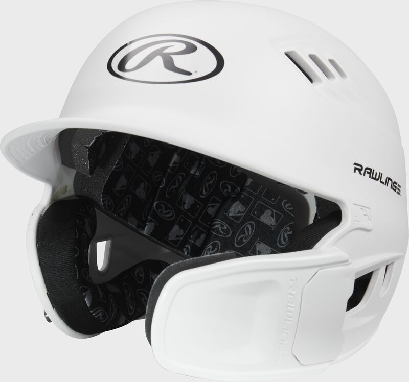 Front left-side view of White R16 Reverse Matte Batting Helmet | Junior & Senior - SKU: R6R07 loading=