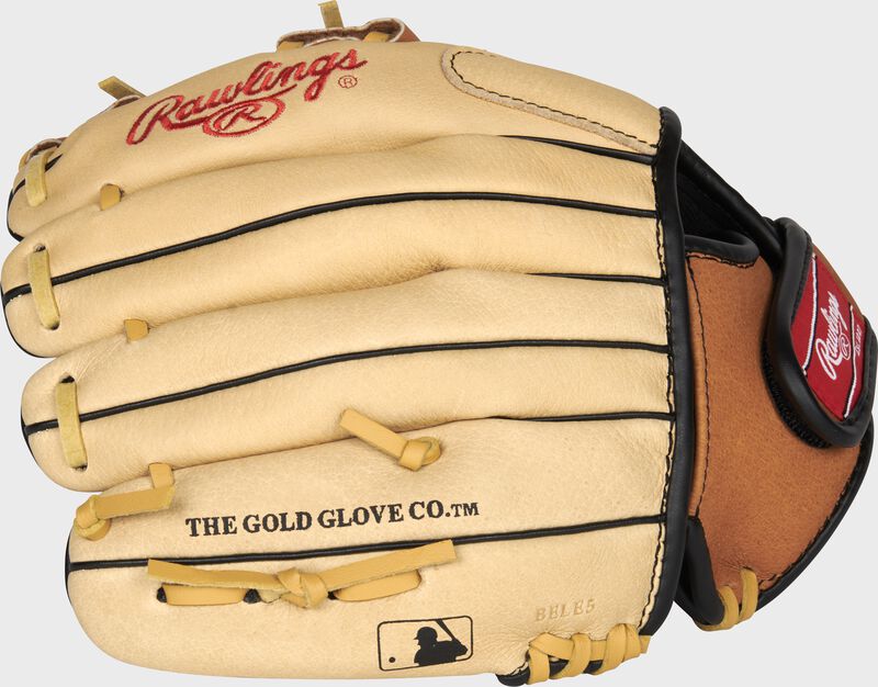 Back of a camel 10.5-Inch Sure Catch youth glove with the MLB logo on the pinky - SKU: SC105TCI