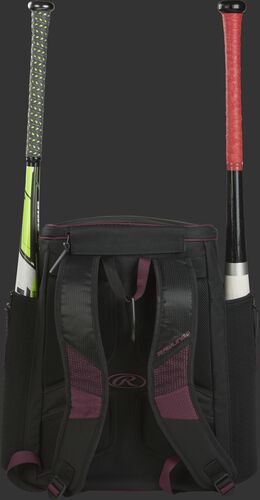 Back of a maroon/black R600 Rawlings baseball backpack with two bats