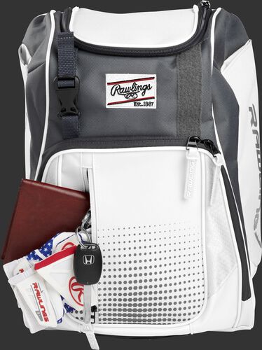 Wallet, keys and batting gloves in the front valuables pocket of a white Franchise baseball bag - SKU: FRANBP-W