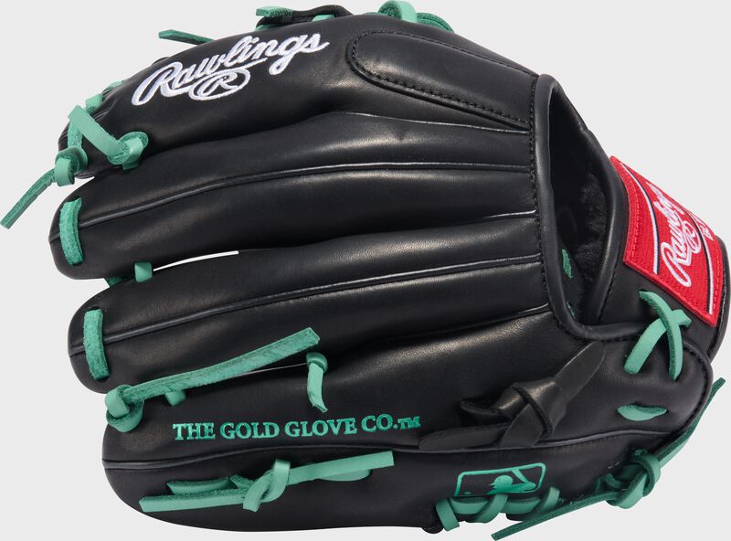 Black back of a Rawlings R9 ContoUR 11-Inch Infield Glove with the MLB logo on the pinky