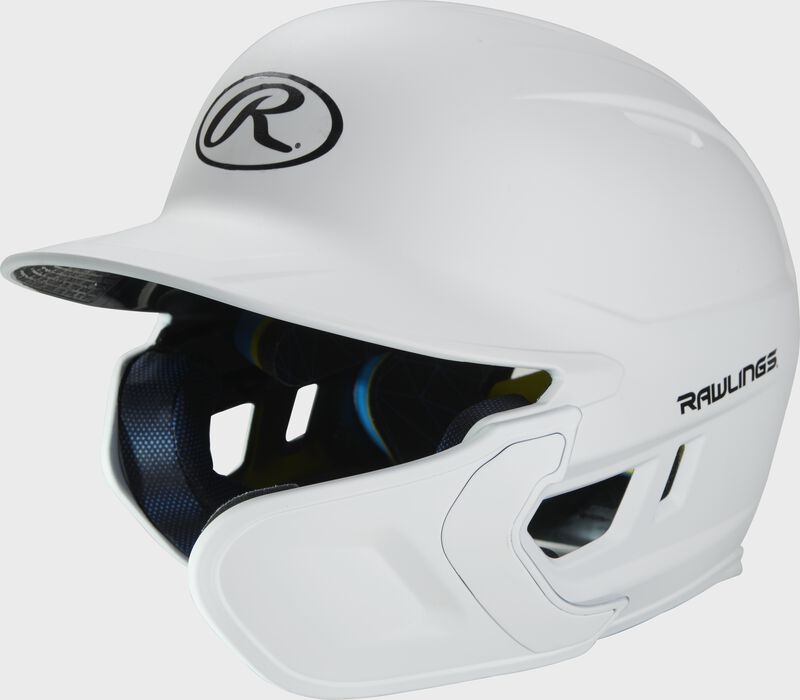 Left angle view of a matte white MACHEXTR Mach Junior helmet with Mach EXT right hand batter face guard extension