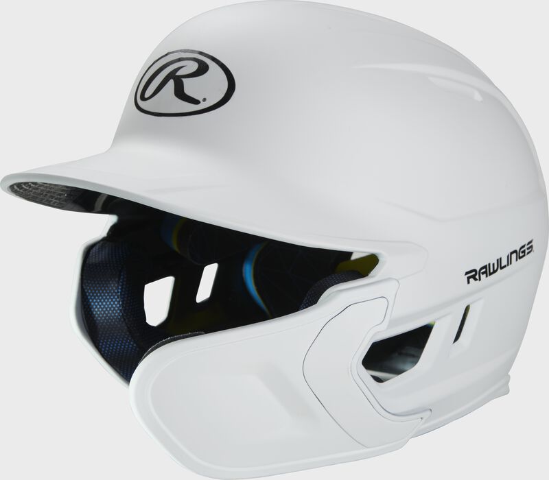 Left angle view of a matte white MACHEXTR Mach Junior helmet with Mach EXT right hand batter face guard extension loading=