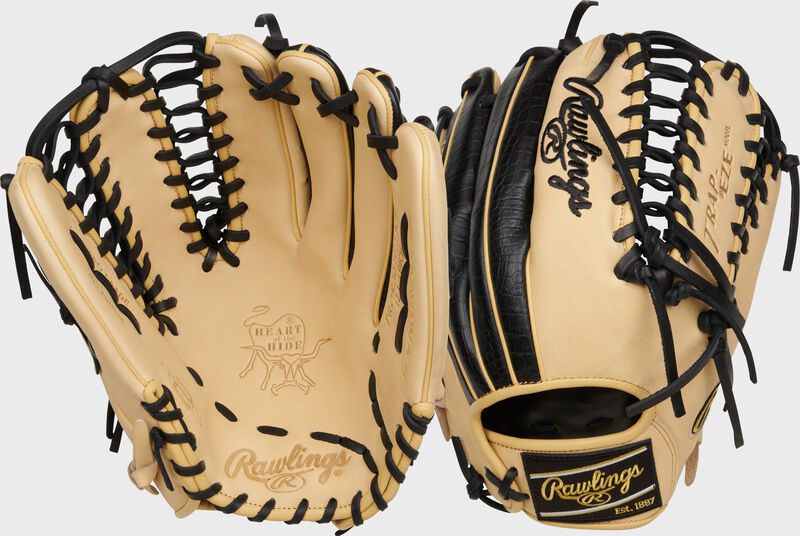 2 views showing the palm/back of a Rawlings Heart of the Hide R2G 12.75" Trap-Eze web outfield glove - SKU: PROR3039-22CB