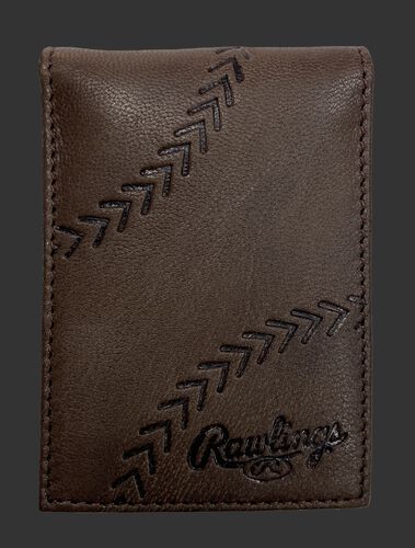 A brown debossed stitch front pocket wallet with a baseball stitch design and Rawlings logo in the bottom right - SKU: PRW009-200
