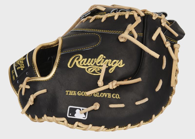 Black back of a Pro Preferred first base mitt with the MLB logo on the pinkie - SKU: PROSDCTBC