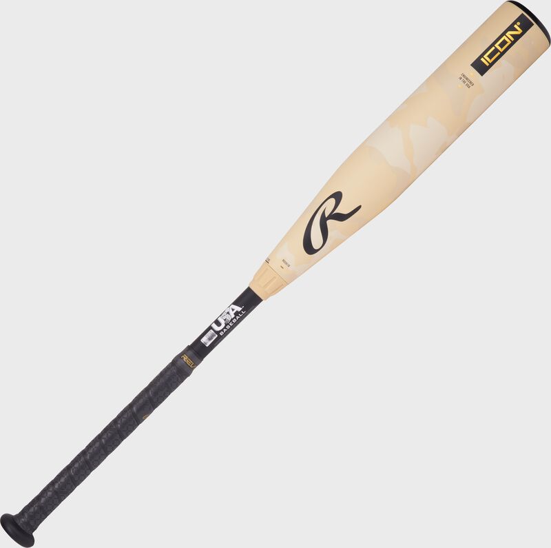 A tan/black Rawlings Icon USA Baseball -10 bat with a "R" logo above the handle