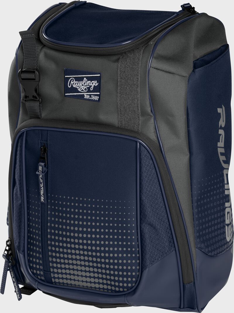 Front angle of a navy Franchise backpack with gray accents and navy Rawlings patch logo - SKU: FRANBP-N