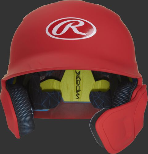 Front of a matte scarlet MACHEXTR high school/college Mach batting helmet with face guard extension for right hand batters